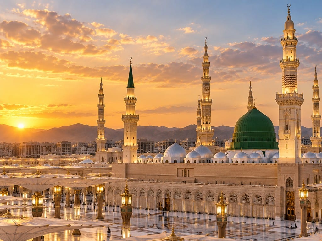 Mosquée du Prophète (Al-Masjid an-Nabawi) à Médine — dôme vert et minarets