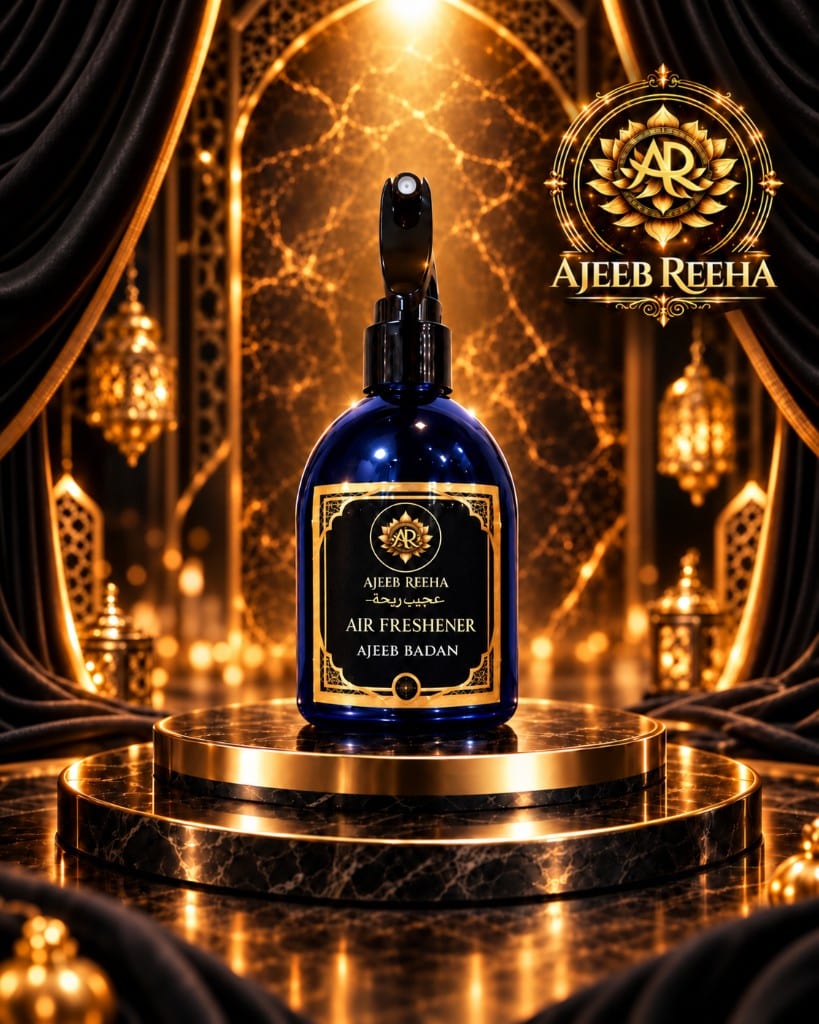Air Freshener Ajeeb Badan — flacon bleu sur piédestal, 30 SAR