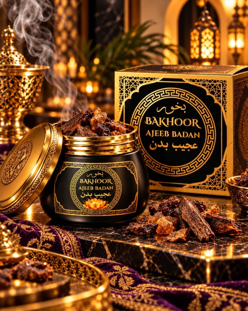 Pot et coffret Bakhoor Ajeeb Badan sur tissu violet — Ajeeb Reeha