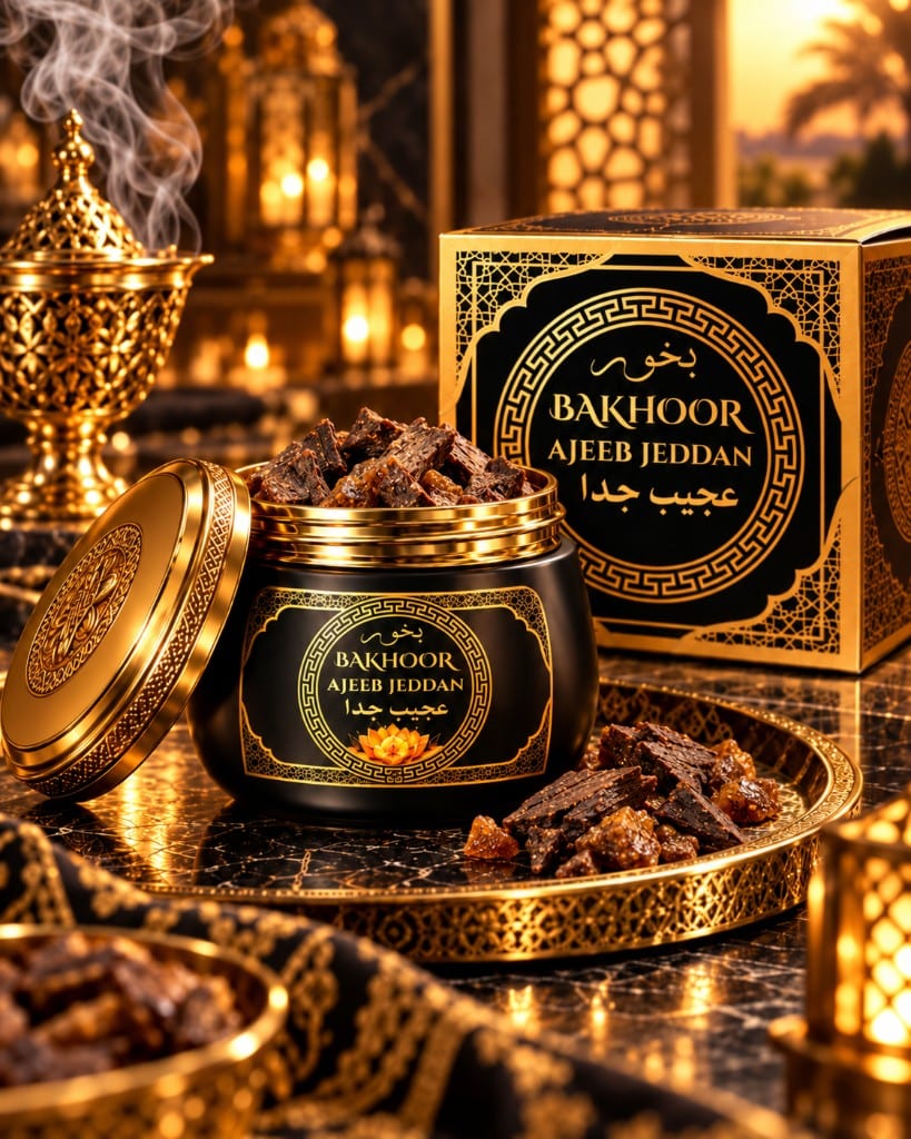 Pot et coffret Bakhoor Ajeeb Jeddan sur plateau doré — Ajeeb Reeha