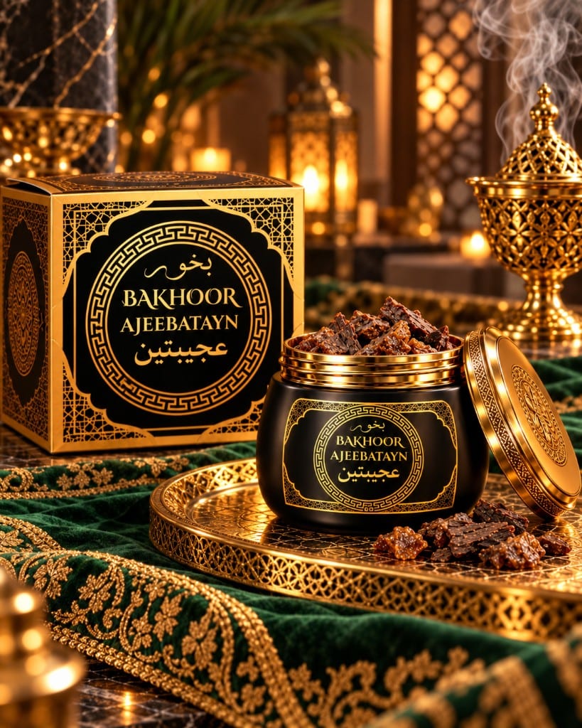 Pot et coffret Bakhoor Ajeebatayn sur tissu vert brodé — Ajeeb Reeha