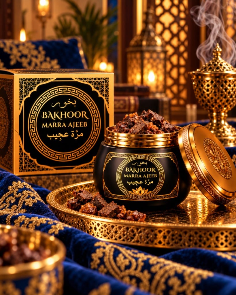 Pot et coffret Bakhoor Marra Ajeeb sur tissu bleu — Ajeeb Reeha