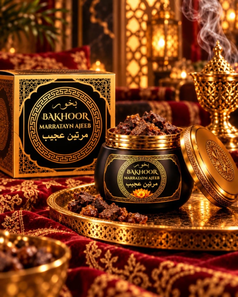 Pot et coffret Bakhoor Marratayn Ajeeb sur tissu rouge — Ajeeb Reeha