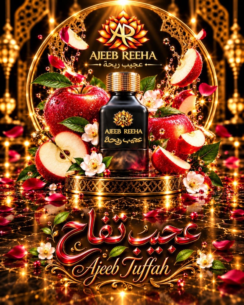 Flacon Ajeeb Tuffah entouré de pommes rouges — Ajeeb Reeha