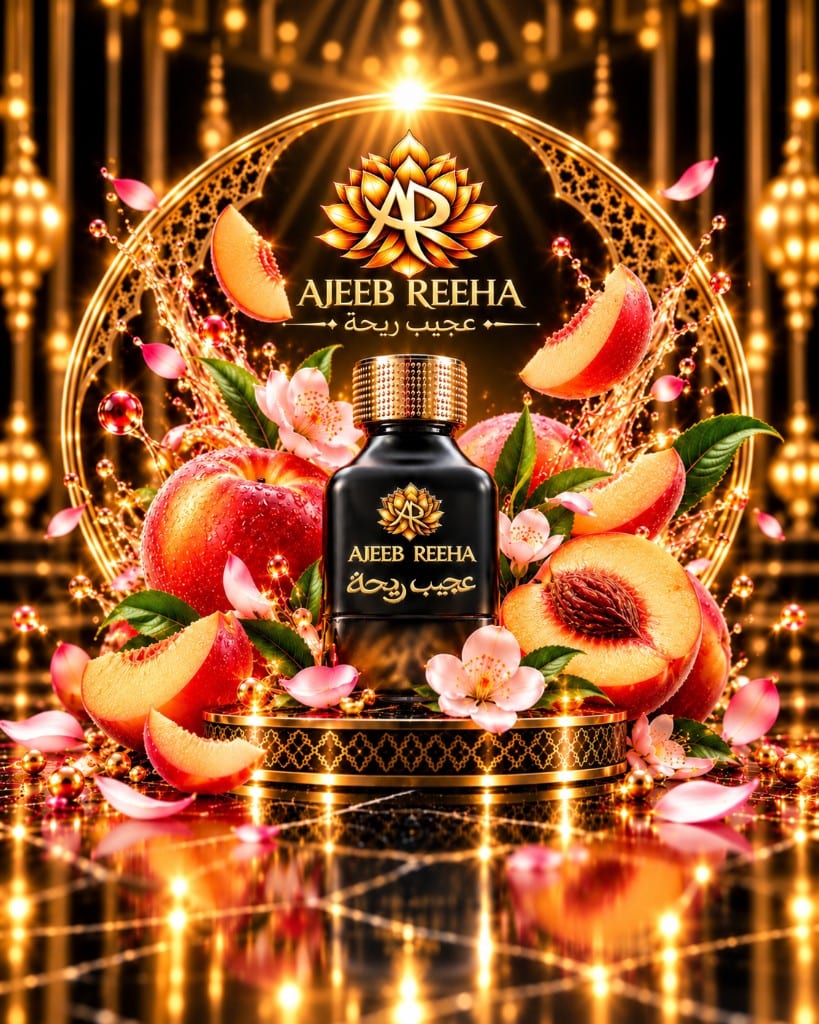 Flacon Ajeeb Reeha présenté avec des pêches et des fruits rouges
