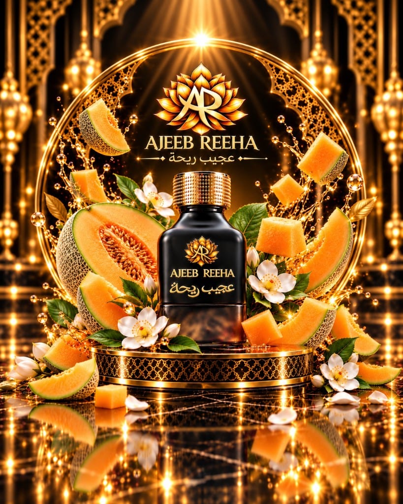Flacon Ajeeb Reeha présenté avec du melon