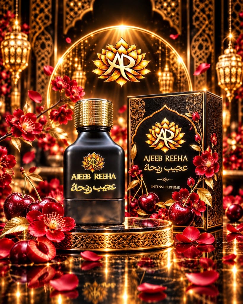 Flacon et coffret Ajeeb Reeha présentés avec des cerises
