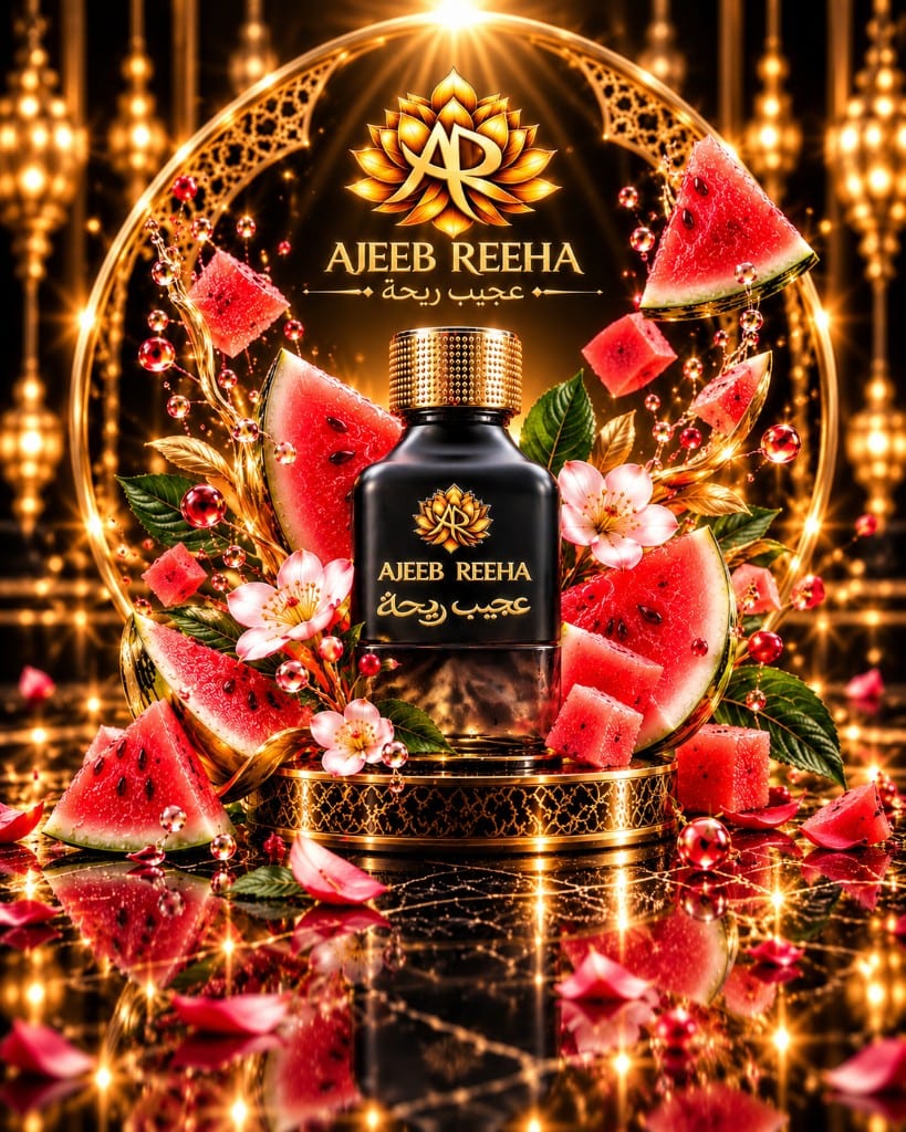 Flacon Ajeeb Reeha présenté avec de la pastèque